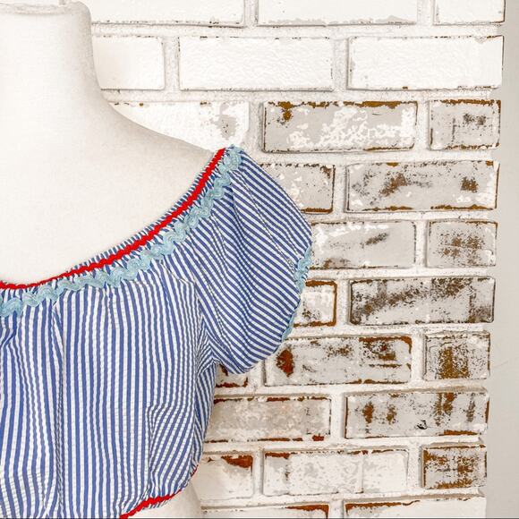 J. Crew Womens Blue and Red Seersucker Rickrack Off Shoulder Bikini Top L - Picture 4 of 9